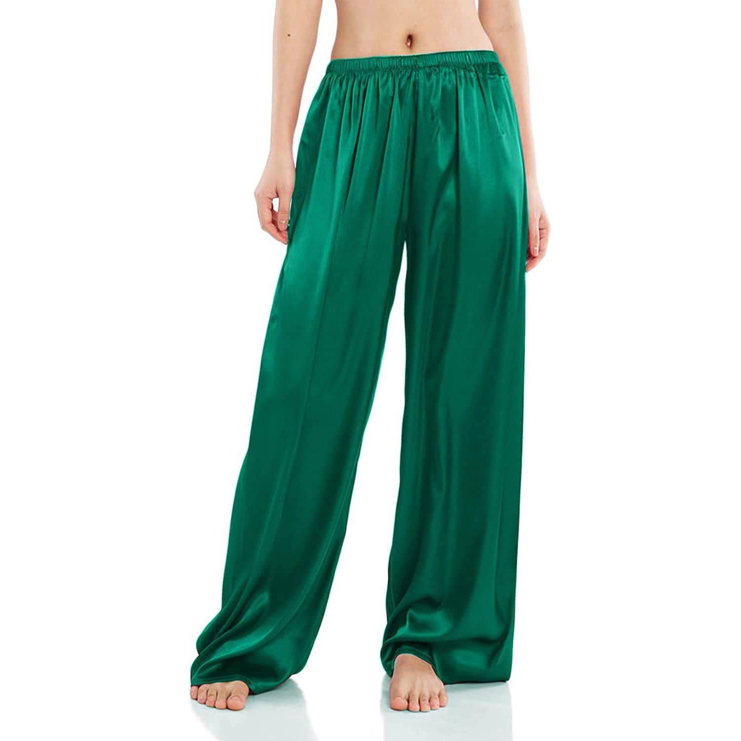 Womens Silk Pajama Pants Wide Leg Loose Pure Silk Bottoms Green XS