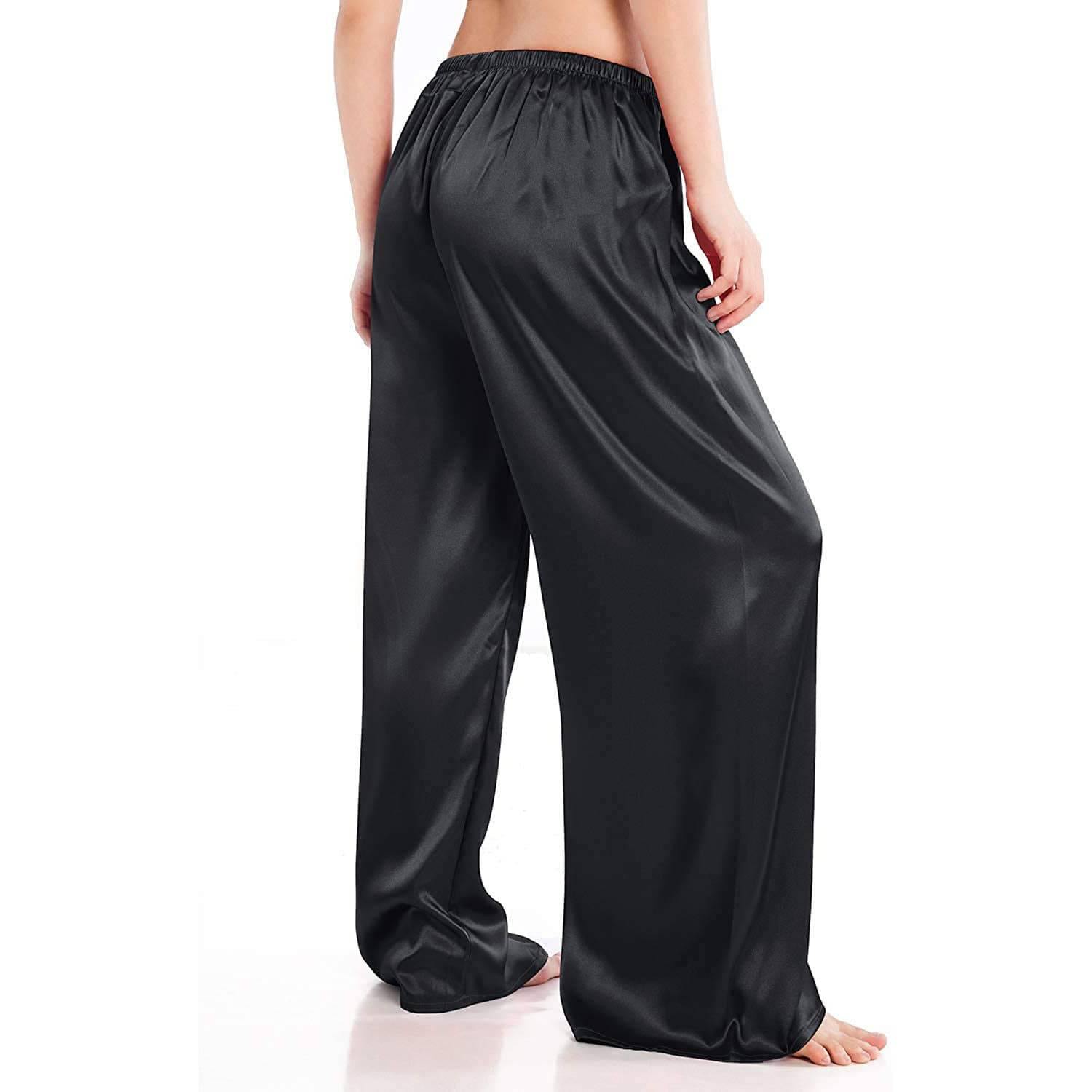 Womens Silk Pajama Pants Wide Leg Loose Pure Silk Bottoms Black XS