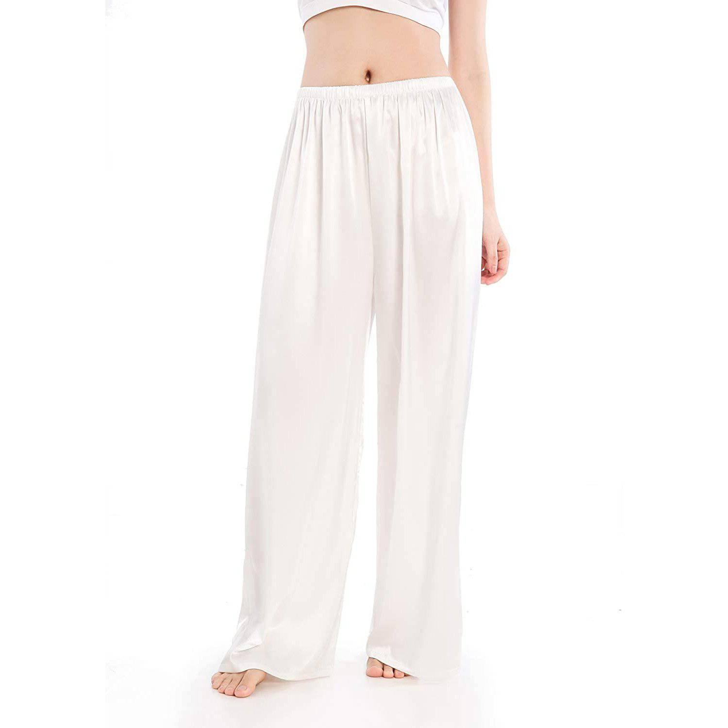 Womens Silk Pajama Pants Wide Leg Loose Pure Silk Bottoms White XS