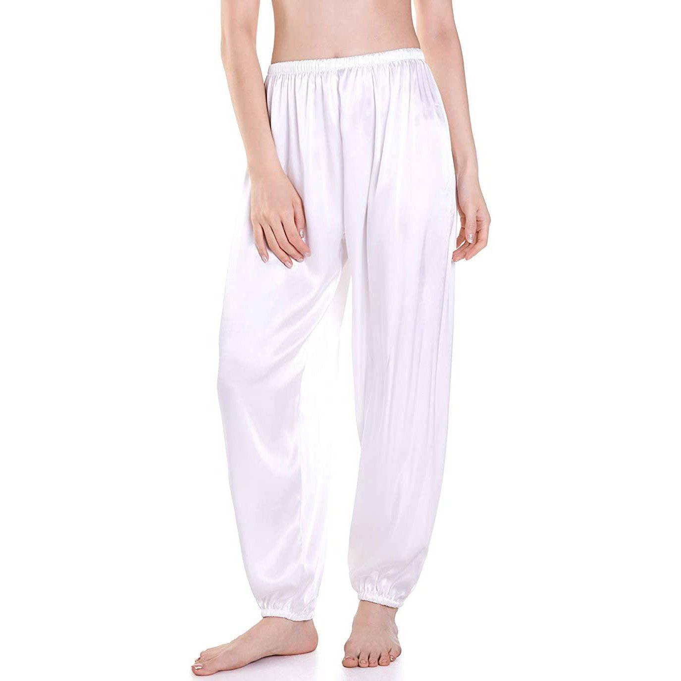 Womens Silk Pajama Pants Wide Leg loose Casual Silk Pants White XS