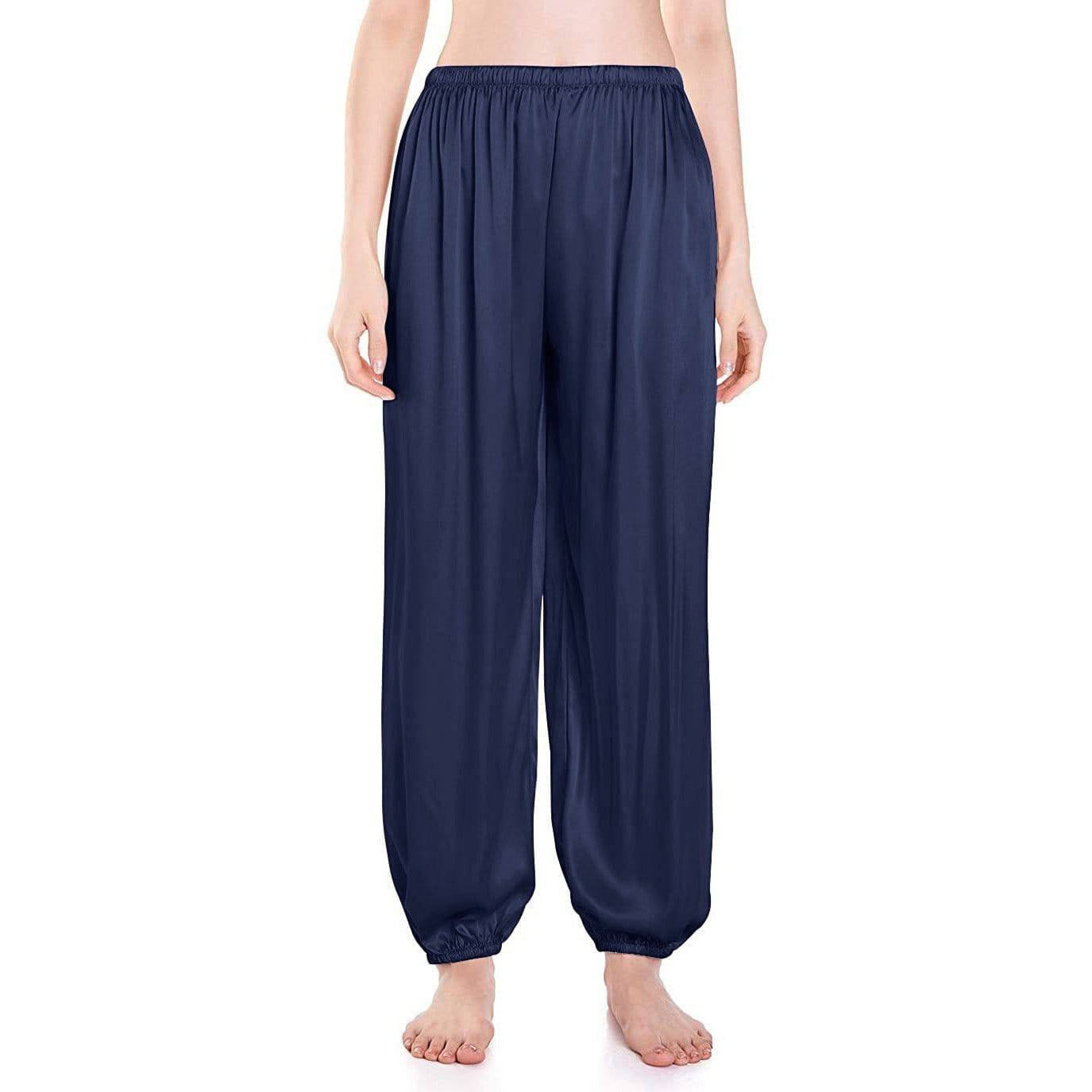 Womens Silk Pajama Pants Wide Leg loose Casual Silk Pants Navy Blue XS