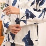 Women's Silk Pajamas Set Floral Print Button - Up Silk Sleepwear White XS