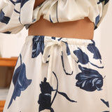 Women's Silk Pajamas Set Floral Print Button - Up Silk Sleepwear White XS