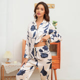 Women's Silk Pajamas Set Floral Print Button - Up Silk Sleepwear White XS