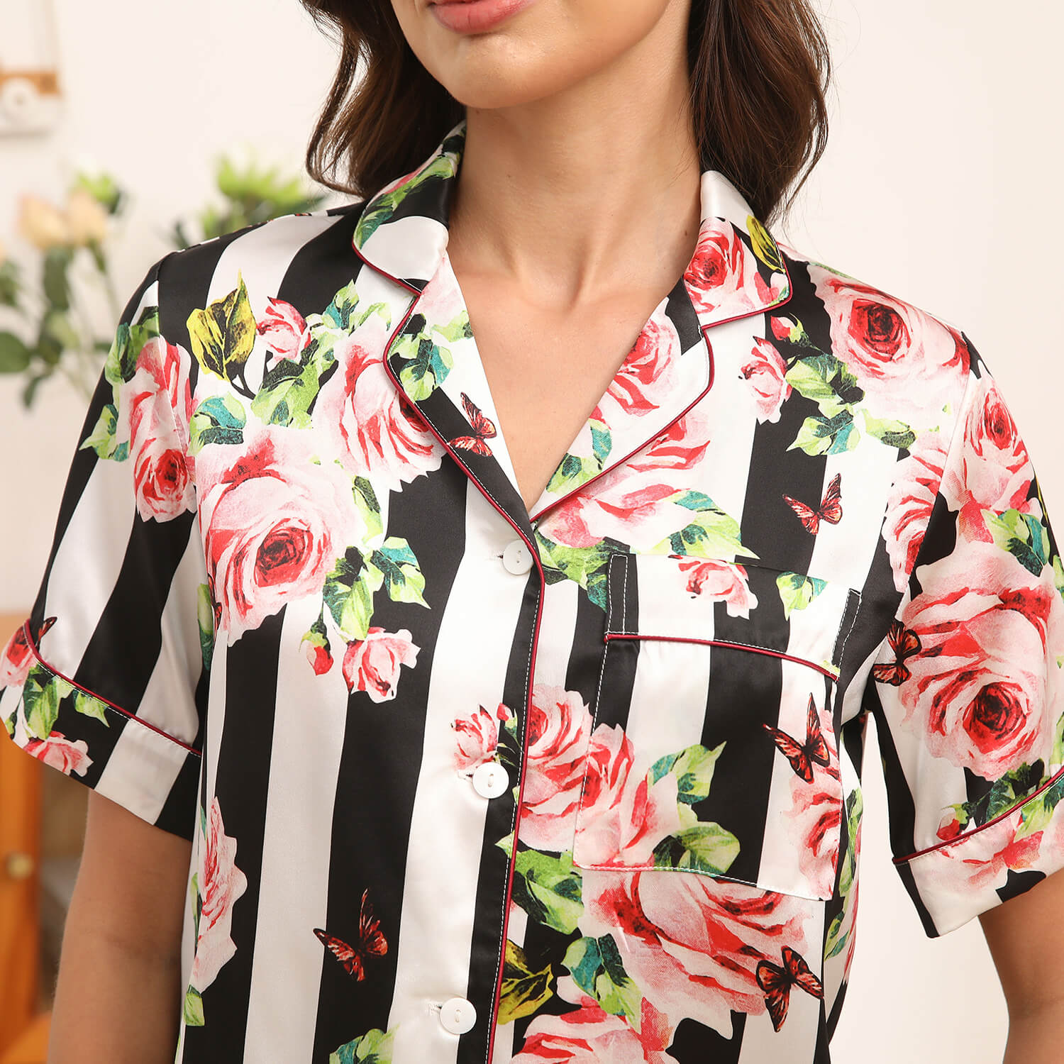 Womens Short Sleeve Silk Pajama Set Floral Stripe Print Silk PJS White XS