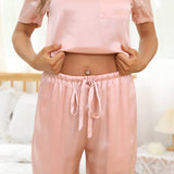 Women's Silk Pajamas Short Sleeve Round Neck Silk Pj Set Rosy Pink XS