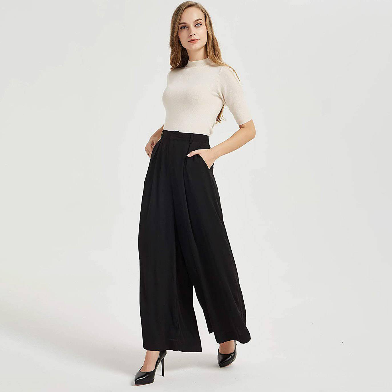 Womens Silk Pants High Waist Loose Silk Trousers With Pockets Black XS