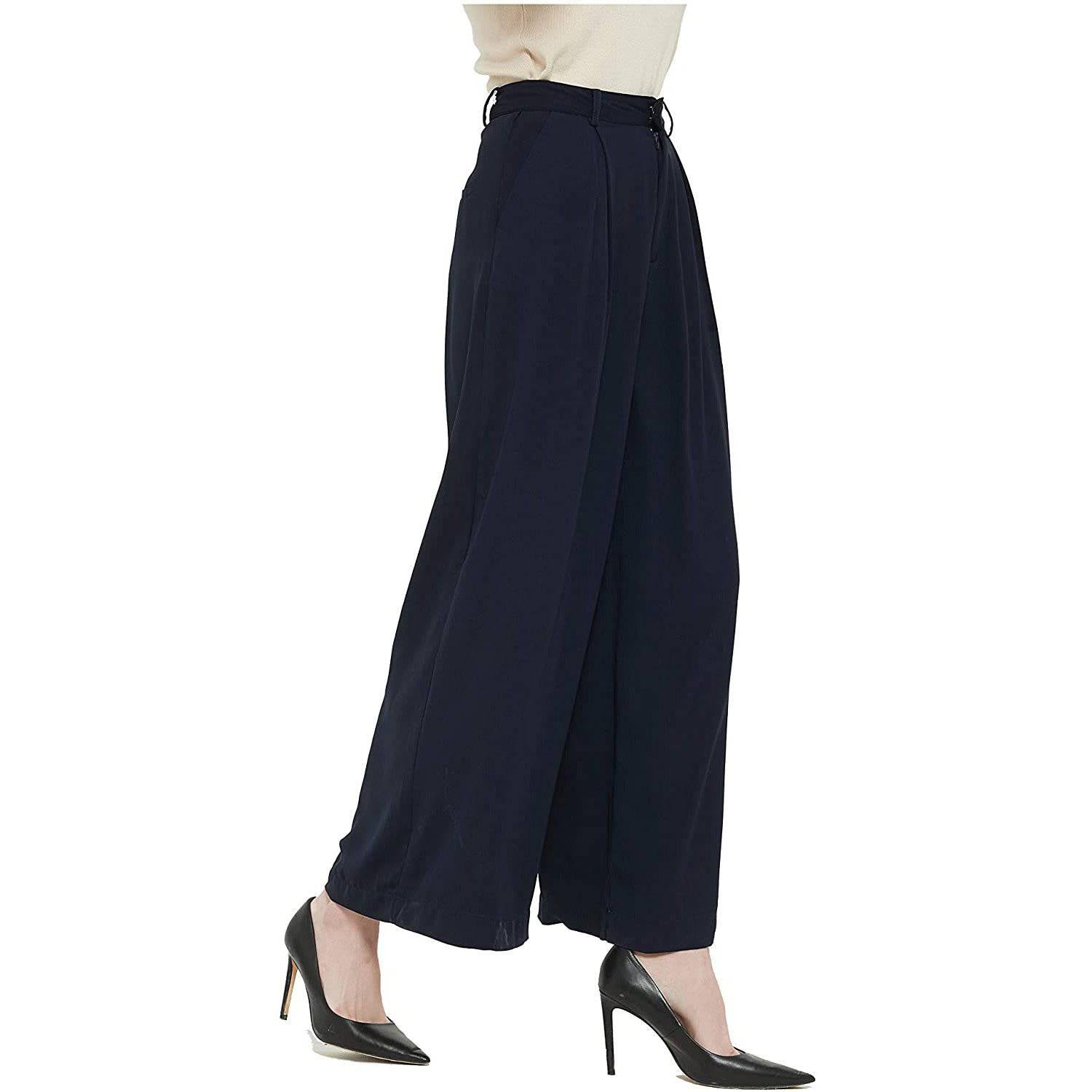 Womens Silk Pants High Waist Loose Silk Trousers With Pockets Navy Blue XS