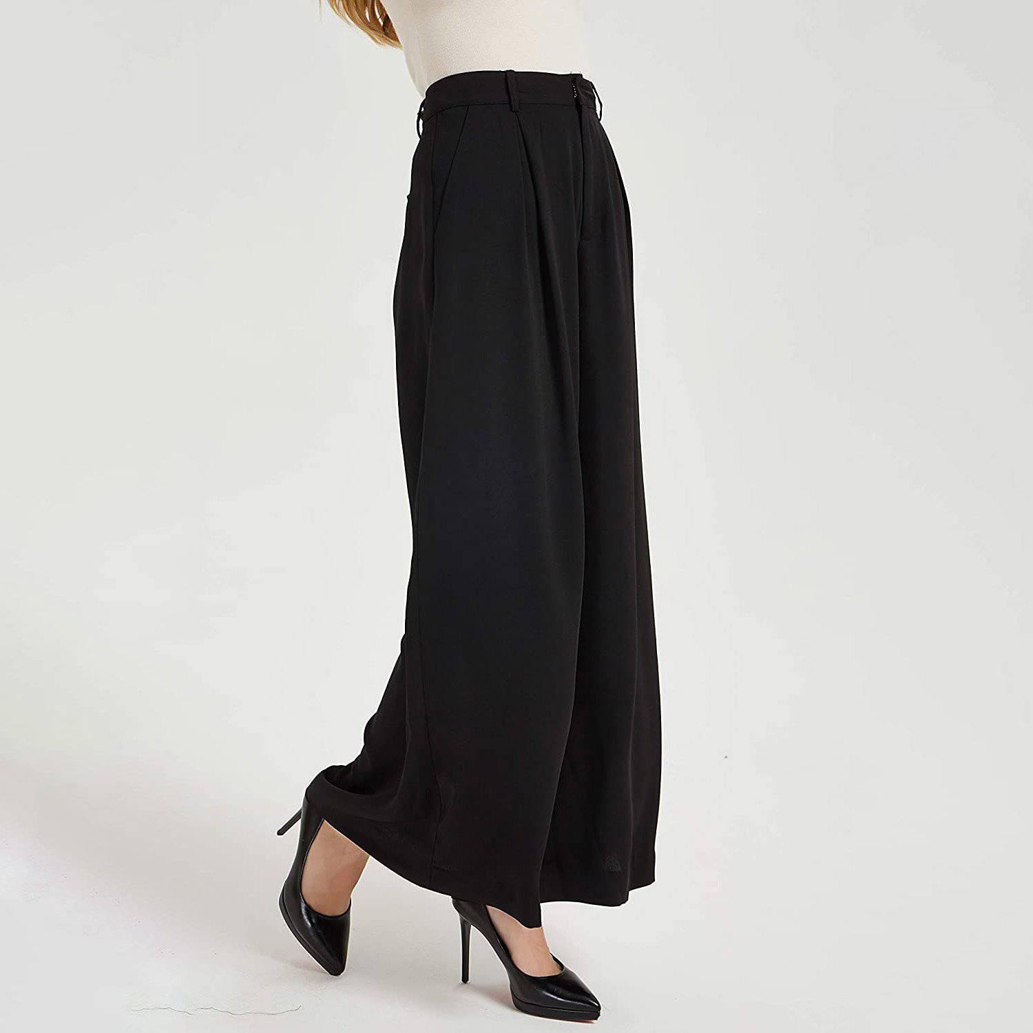 Womens Silk Pants High Waist Loose Silk Trousers With Pockets Black XS