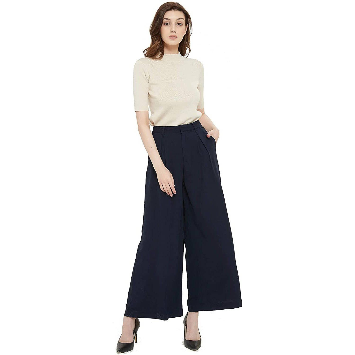Womens Silk Pants High Waist Loose Silk Trousers With Pockets Navy Blue XS