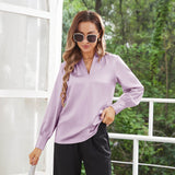 Women's Silk Shirts V Neck Long Sleeves Casual Work Tops Lavender XS