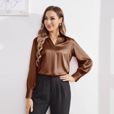 Women's Silk Shirts V Neck Long Sleeves Casual Work Tops Coffee XS