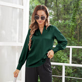 Women's Silk Shirts V Neck Long Sleeves Casual Work Tops Dark Green XS