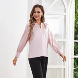 Women's Silk Shirts V Neck Long Sleeves Casual Work Tops Rosy Pink XS