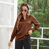Women's Silk Shirts V Neck Long Sleeves Casual Work Tops Coffee XS