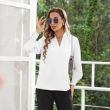 Women's Silk Shirts V Neck Long Sleeves Casual Work Tops White XS