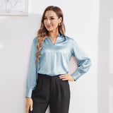 Women's Silk Shirts V Neck Long Sleeves Casual Work Tops Haze Blue XS