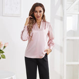 Women's Silk Shirts V Neck Long Sleeves Casual Work Tops Rosy Pink XS