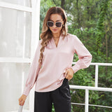 Women's Silk Shirts V Neck Long Sleeves Casual Work Tops Rosy Pink XS