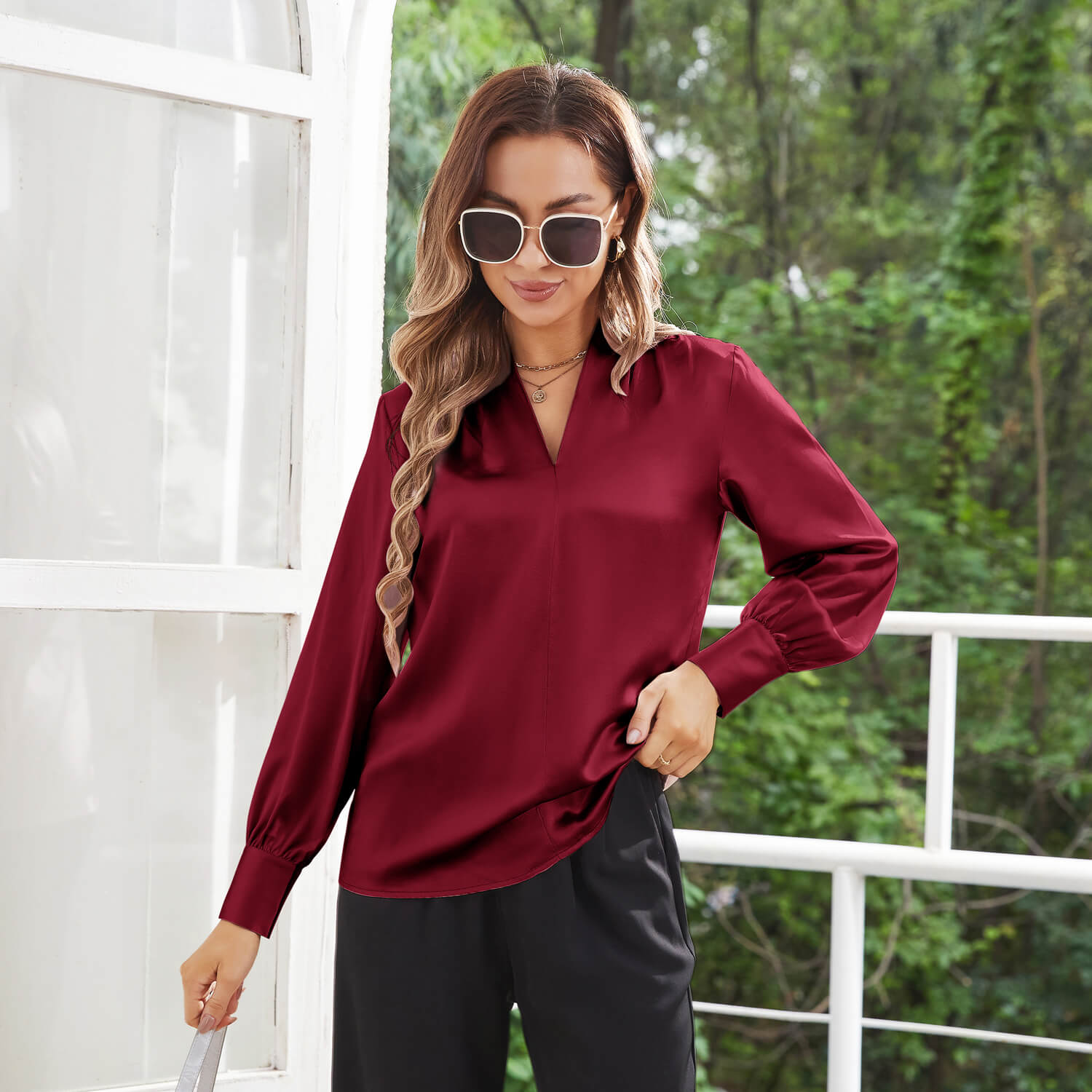 Women's Silk Shirts V Neck Long Sleeves Casual Work Tops Claret XS