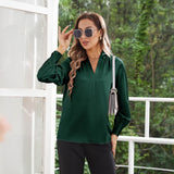 Women's Silk Shirts V Neck Long Sleeves Casual Work Tops Dark Green XS
