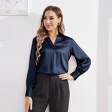 Women's Silk Shirts V Neck Long Sleeves Casual Work Tops Navy Blue XS