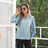 Women's Silk Shirts V Neck Long Sleeves Casual Work Tops Haze Blue XS
