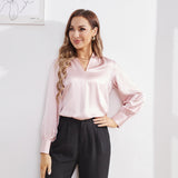 Women's Silk Shirts V Neck Long Sleeves Casual Work Tops Rosy Pink XS