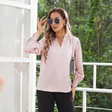 Women's Silk Shirts V Neck Long Sleeves Casual Work Tops Rosy Pink XS