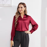 Women's Silk Shirts V Neck Long Sleeves Casual Work Tops Claret XS