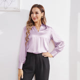 Women's Silk Shirts V Neck Long Sleeves Casual Work Tops Lavender XS