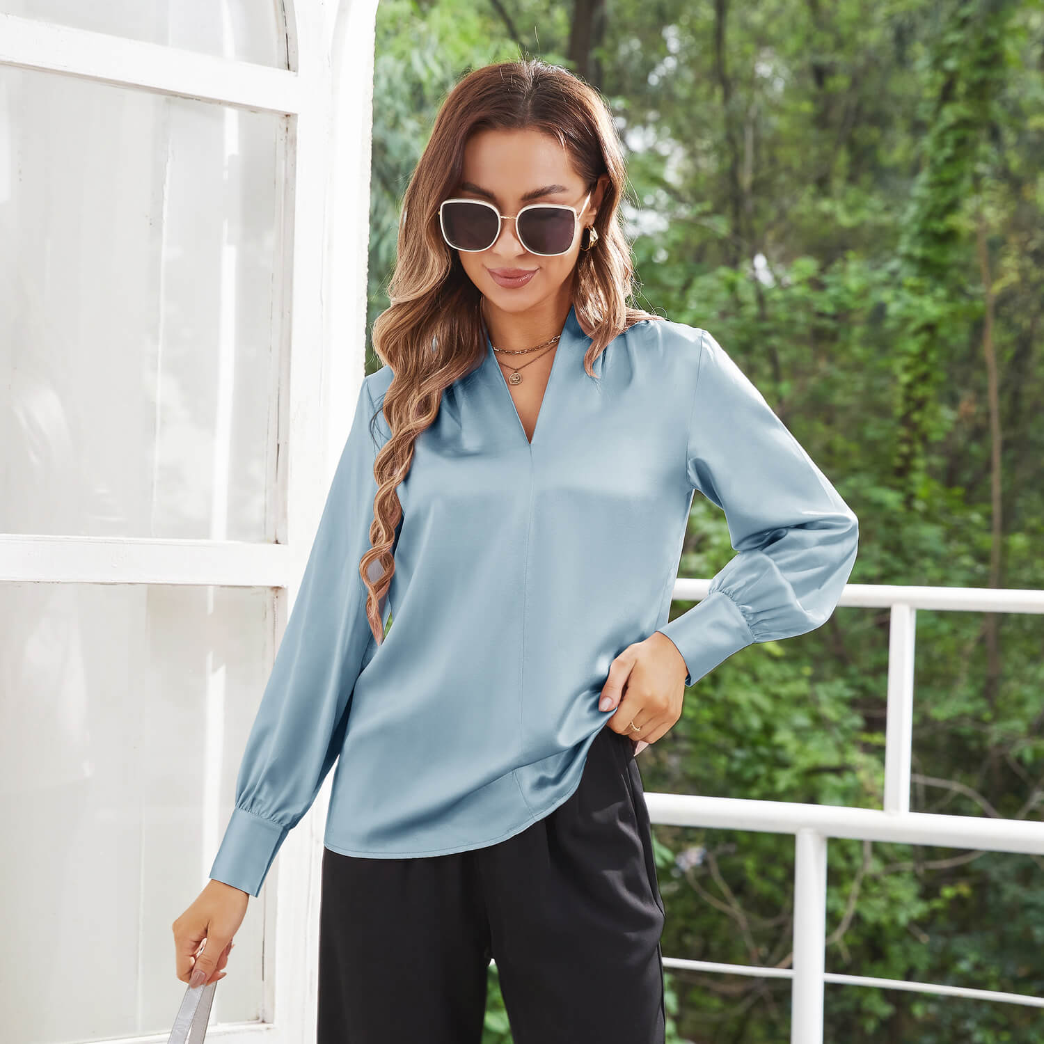 Women's Silk Shirts V Neck Long Sleeves Casual Work Tops Haze Blue XS