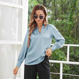 Women's Silk Shirts V Neck Long Sleeves Casual Work Tops Haze Blue XS