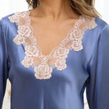 Women's Silk Nightdress V Neck Silk Nighties With Lace Haze Blue XS