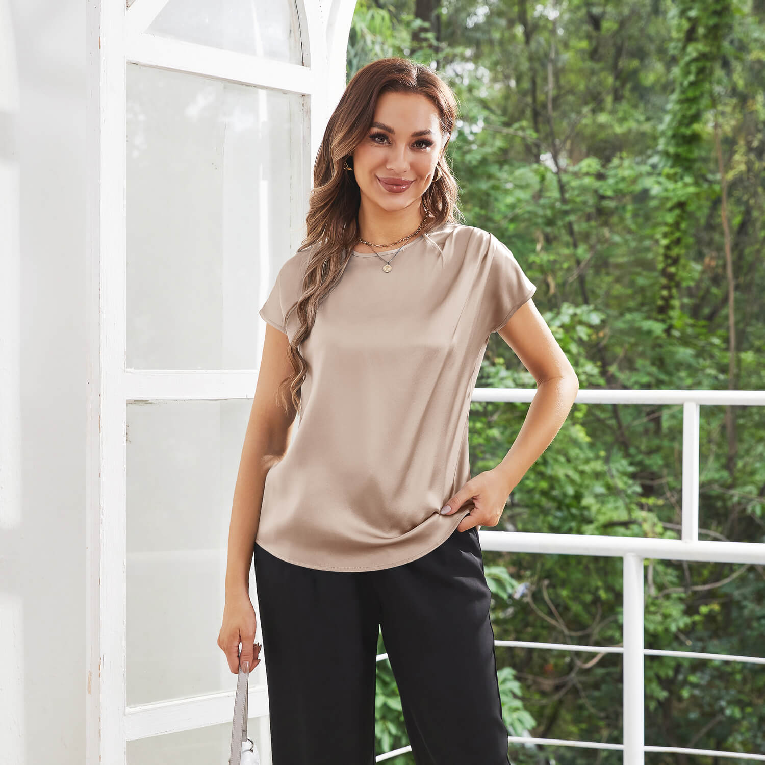 Womens Silk Tops Round Neck Short Sleeves Pure Silk Shirts Champagne XS