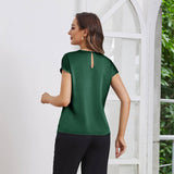 Womens Silk Tops Round Neck Short Sleeves Pure Silk Shirts Dark Green XS