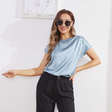 Womens Silk Tops Round Neck Short Sleeves Pure Silk Shirts Haze Blue XS