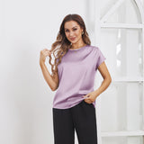 Womens Silk Tops Round Neck Short Sleeves Pure Silk Shirts Lavender XS