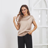 Womens Silk Tops Round Neck Short Sleeves Pure Silk Shirts Champagne XS