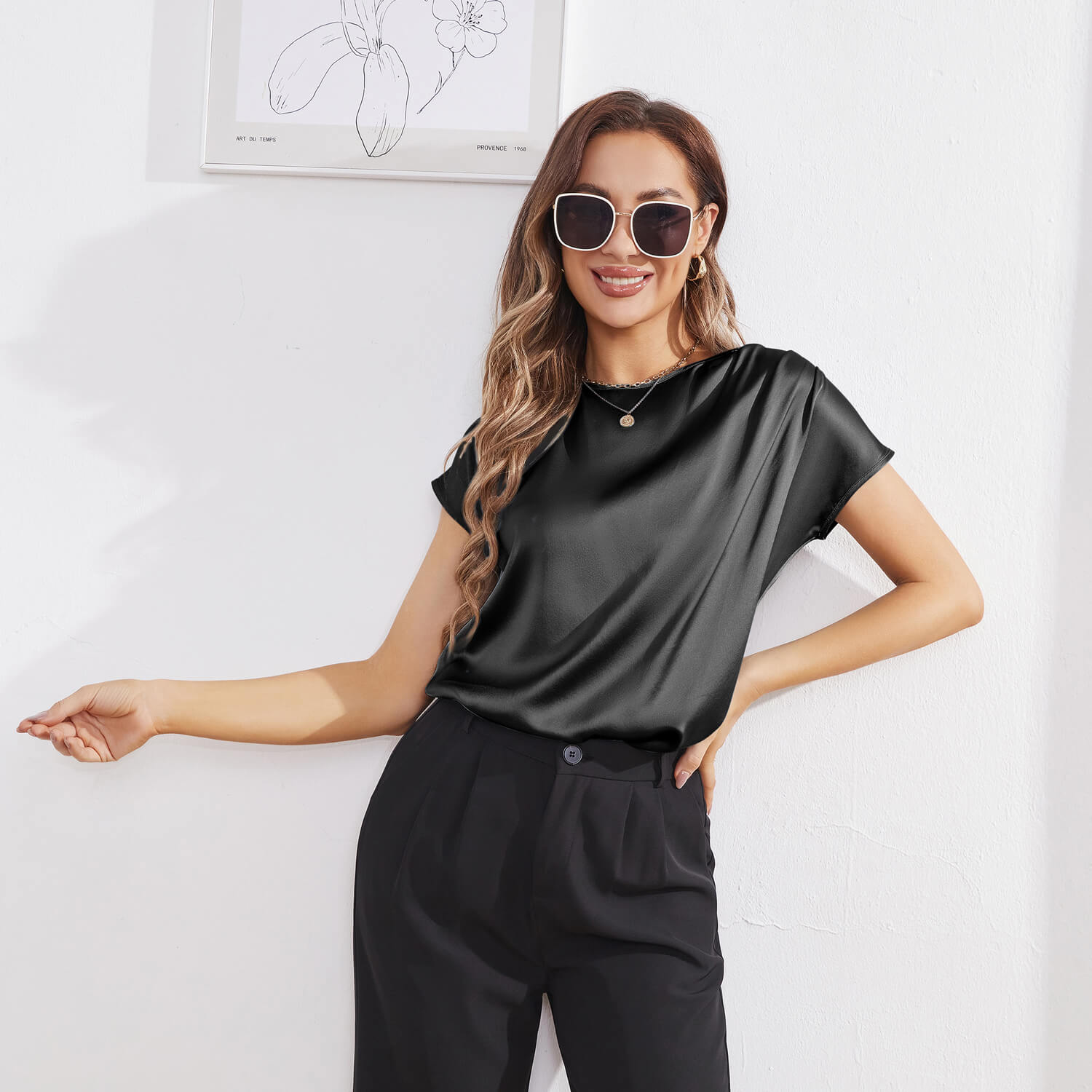 Womens Silk Tops Round Neck Short Sleeves Pure Silk Shirts Black XS