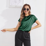 Womens Silk Tops Round Neck Short Sleeves Pure Silk Shirts Dark Green XS