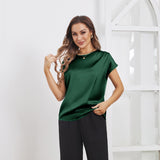 Womens Silk Tops Round Neck Short Sleeves Pure Silk Shirts Dark Green XS