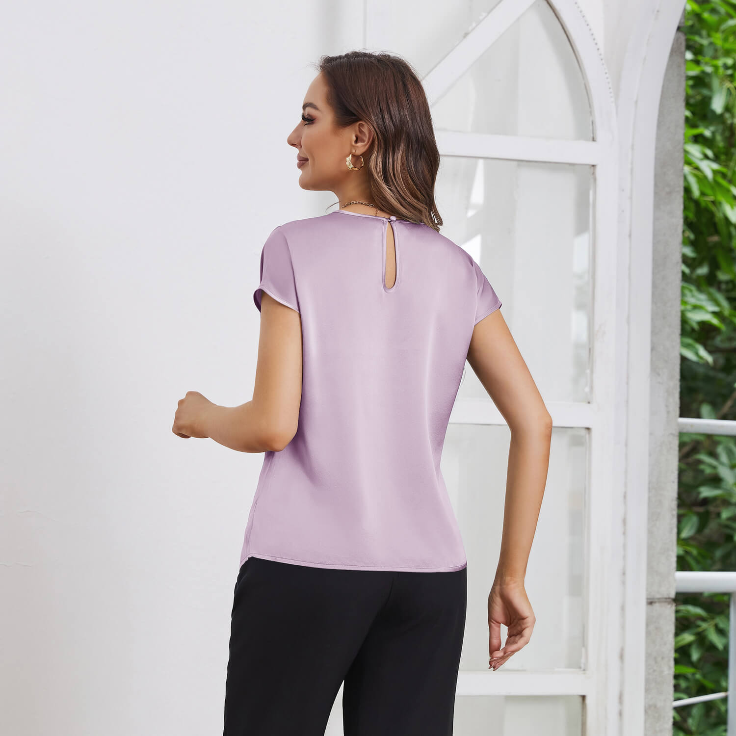 Womens Silk Tops Round Neck Short Sleeves Pure Silk Shirts Lavender XS