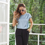 Womens Silk Tops Round Neck Short Sleeves Pure Silk Shirts Haze Blue XS