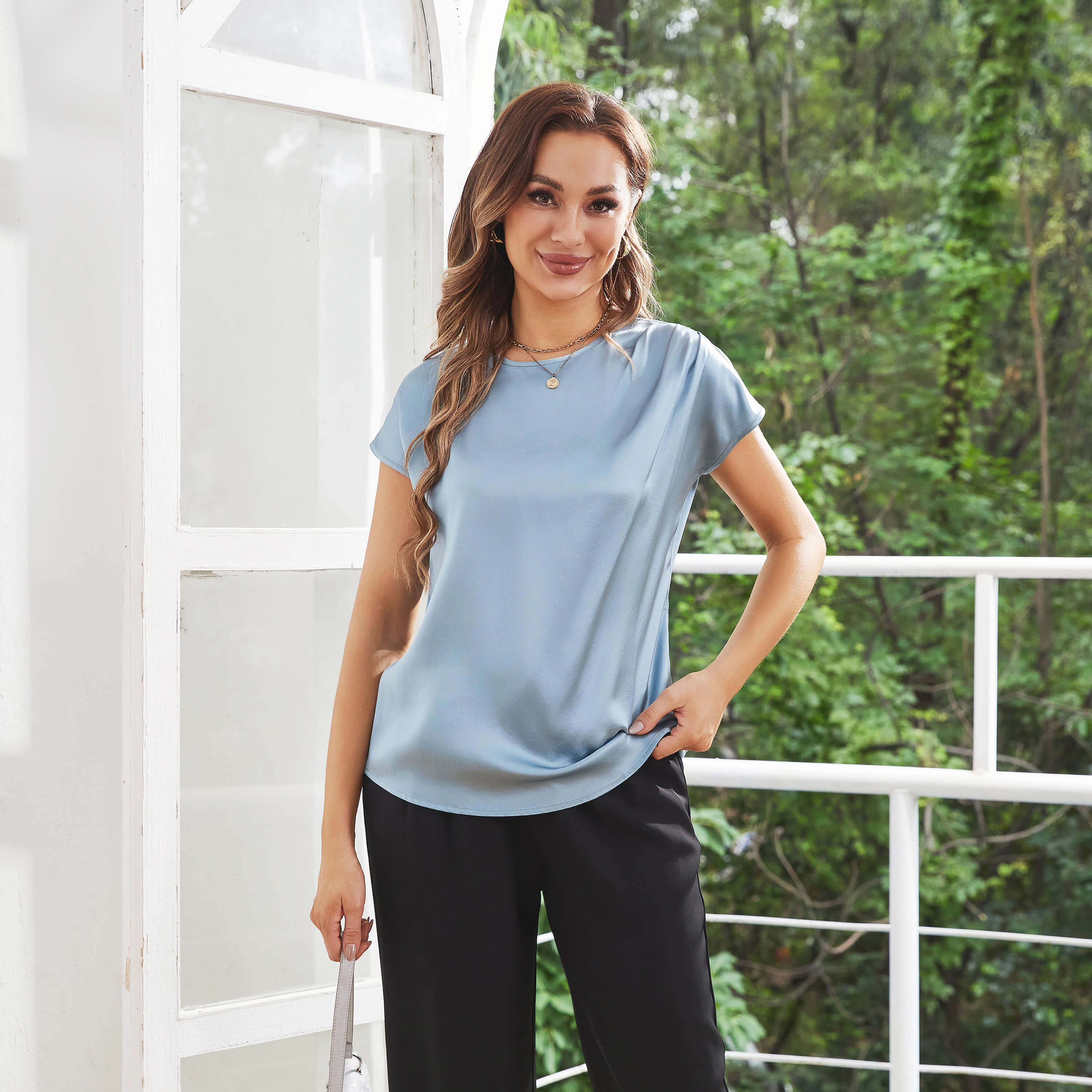 Womens Silk Tops Round Neck Short Sleeves Pure Silk Shirts Haze Blue XS