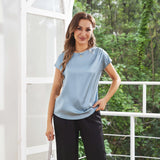 Womens Silk Tops Round Neck Short Sleeves Pure Silk Shirts Haze Blue XS