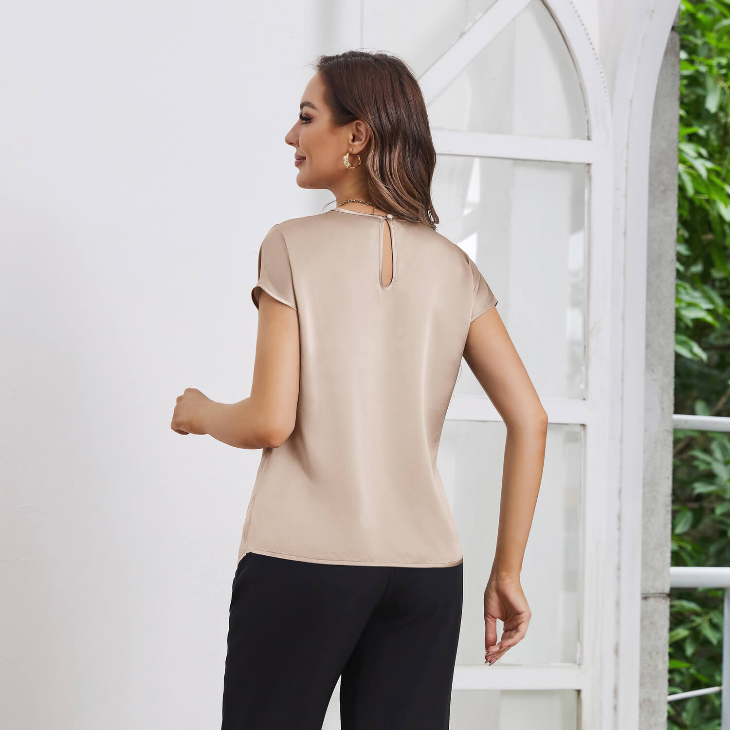 Womens Silk Tops Round Neck Short Sleeves Pure Silk Shirts Champagne XS