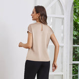 Womens Silk Tops Round Neck Short Sleeves Pure Silk Shirts Champagne XS