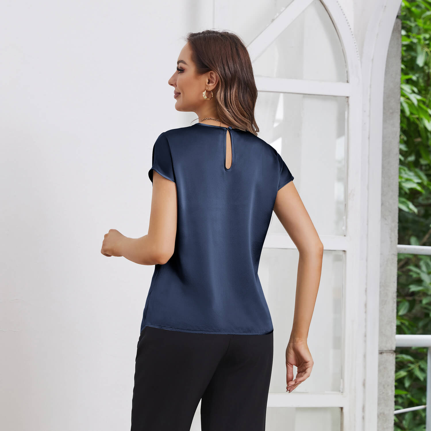 Womens Silk Tops Round Neck Short Sleeves Pure Silk Shirts Navy Blue XS