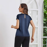 Womens Silk Tops Round Neck Short Sleeves Pure Silk Shirts Navy Blue XS